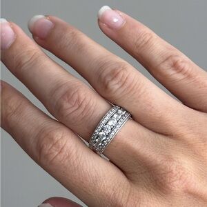 Sterling Silver Cubic Zirconia 3-ROW BAND Ring, Size 7, Anniversary Wedding